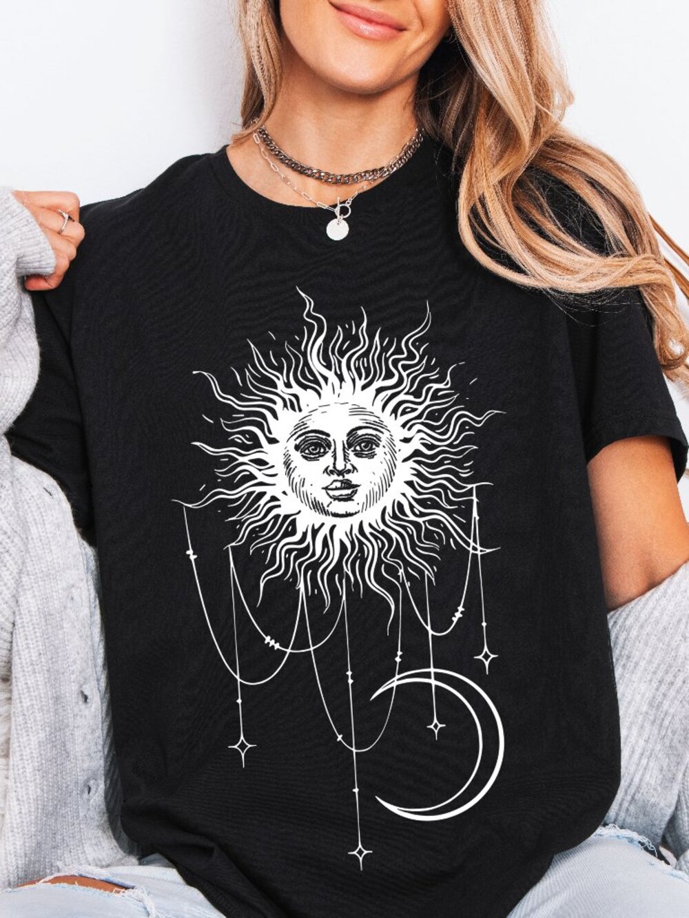 Widow's Bay Patricia's Shirt, Celestial Sun Crescent Moon BOHO Bella Canvas Tee
